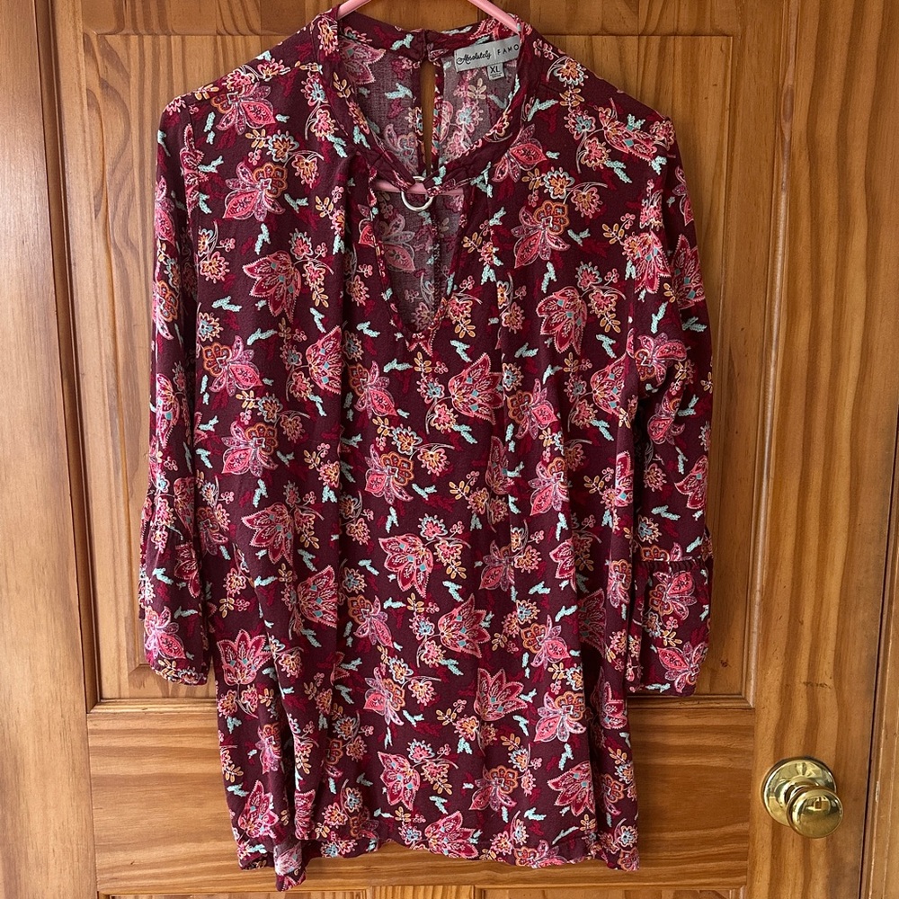 Absolutely Famous Burgundy Floral Tie-Neck Tunic